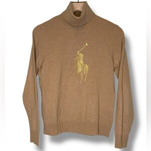 Ralph Lauren 100% Cashmere Gold Big Pony Turtleneck Sweater Camel Women's Sz L‎